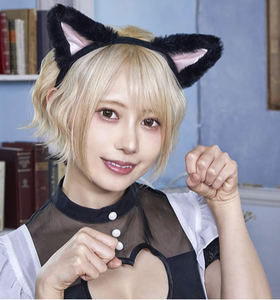 ハロウィン コスプレ 猫耳カチューシャ 立ち耳 ユニセックス 黒×ピンク　ブラック