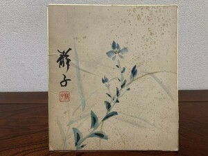 【色紙画/色紙書】肉筆　　静子・作　『桔梗』　一字書/水墨画/詩/短歌/俳句/情景画　パケット発送　K0405Ｃ46　