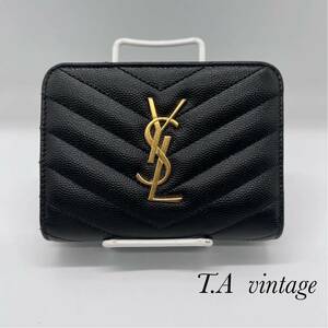 美品！サンローラン　パリ　YSL Vステッチ　コンパクト　折り財布　ブラック