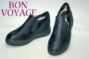 【BON VOYAGE】軽量サイドゴア&ジップスリッポン #40013 BLACK 22.5cm★新品★