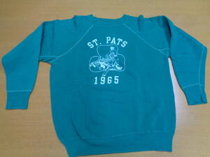 レア！ 60s VINTAGE SWEAT 1965 ST.PATSプリント 変形ラグランスウェット Velva Sheen ボディ？ SIZE L？ GREEN 