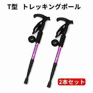 トレッキングポール 登山杖 軽量アルミT型 可変3段 伸縮式 登山 山登り ウォーキング 散歩 アウトドア 男女兼用 2本セット　紫