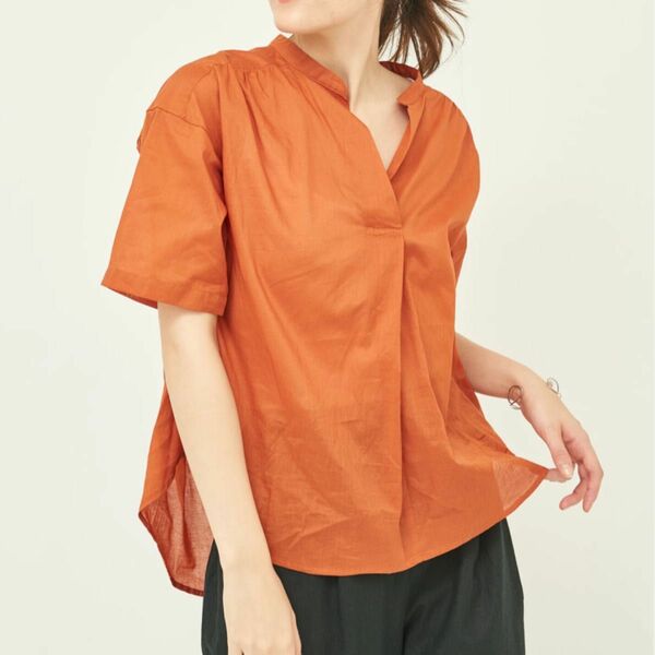 【アースアンドエコロジー】スキッパーシャツ　フリーサイズ　オレンジ　半袖スタンドカラースキッパーシャツ