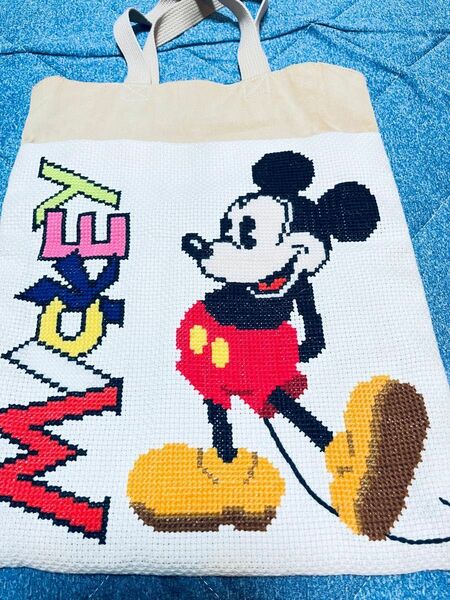 ミッキーマウス　手刺繍　ハンドメイド　裏地付きバッグ　Mickey Mouse