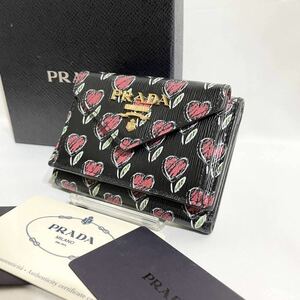 【美品】 箱付き PRADA プラダ ミニ財布 折財布 ミニウォレット ヴィッテロムーブ チューリップ ハート 花 黒 ブラック ピンク カード付き