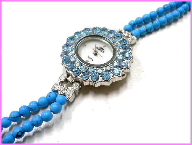 ◆ Natural stone bracelet inventory clearance ◆ 4mm turquoise 2 rows x rhinestone face bracelet Watch/Original watch handmade, bracelet, bangle, bracelet, others