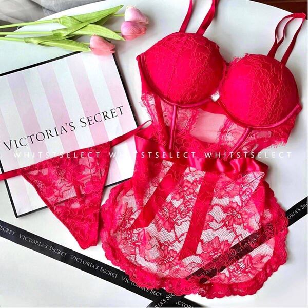 【サイズＭ】エプロンテディ＆Tバックセット レッド Victoria's Secret 下着セット