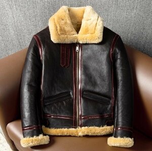 新品 B-3 フライトジャケット ムートン 羊革+ウール 毛皮一体 男女兼用 シープスキン+ホースハイド ブルゾン コート 本革 天然革