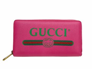 GUCCI (グッチ) ラウンドジップ ファスナー ヴィンテージロゴプリント レザー 長財布 496317 ピンク レディース/028