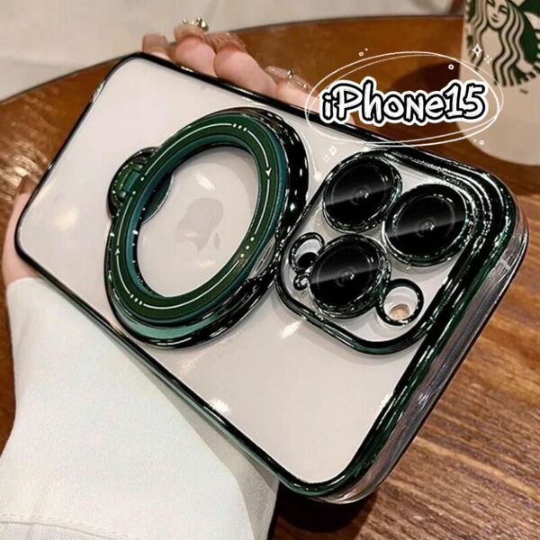 iPhone15ケース クリアケース　グリーン　緑　MagSafe対応　韓国　スマホスタンド　スマホリング