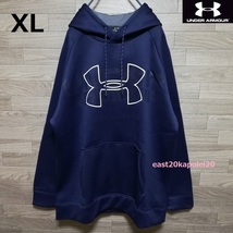 XL size UNDER ARMOUR アンダーアーマー グラフィック ビッグロゴ フリース プルオーバー フーディ パーカー ネイビー トレーニング ゴルフ_画像1