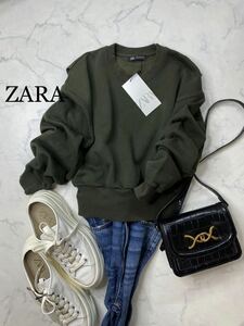 ZARA ザラ★タグ付き未使用★大人可愛い★あったか裏起毛 クロップド丈 バックタッグデザインスウェット トップス★カーキ Sサイズyz1004