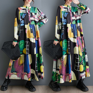 [ including in a package 1 ten thousand jpy free shipping ] autumn new work * lady's * casual * easy large size * body type cover * print pattern * color scheme * long One-piece *F*