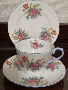 * floral bouquet Trio Sherry Shelley tea cup saucer cake plate England Vintage antique D