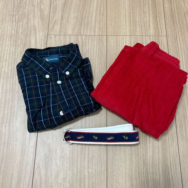 【美品】値下げ 90センチ ラルフローレン チェックシャツ ズボン ベルト 3点セット