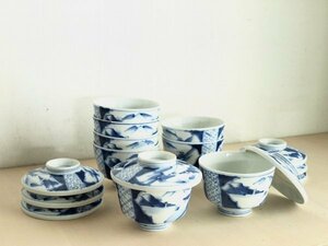 古い染付蓋茶碗8客セット　茶碗　山水画　骨董　古道具　レトロ　アンティーク