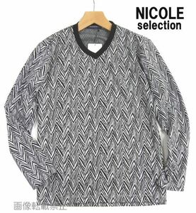 新品 ★ ニコル　幅広ヘリンボーン Ｖネック 長袖 カットソー　46/M　黒 白　ストレッチ NICOLE selection