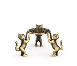 中国茶道具 蓋置き 三匹の猫 ユニーク 金属製 アンティークゴールド