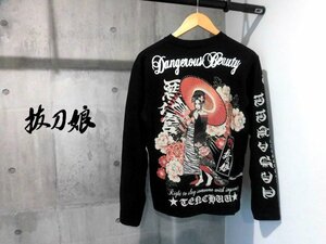 DIVINE RETRIBUTION 抜刀娘 BTM/からくり魂/絡繰魂/チェーン刺繍x悪代官 和柄プリント ロングTシャツM/長袖Tシャツ/ロンTee/黒/223153