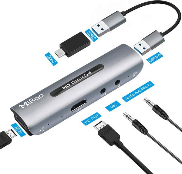 Mirao 4K HDMI キャプチャーボード1080P 60fps パススルー USB3.0 ビデオキャプチャカード 音声追加可能 実況生配信 画面共有 録画 録音 