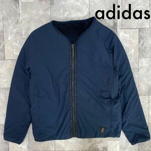 adidas アディダス ノーカラーナイロンジャケット フリースボアジャケット リバーシブル 3tripes ネイビー サイズL 玉SS1025