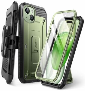 SUPCASE iPhone15 ケース 全面保護 耐衝撃 ケースと液晶保護フィルム一体型 腰かけクリップ付き 防塵 UBPro グリーン