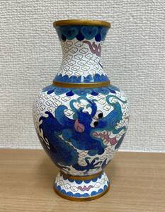 【中国美術 七宝焼 花瓶 】景泰藍？/龍/花器/置物/小さめサイズ/高さ約15cm/W510-484