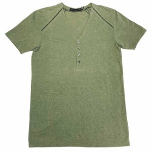 新品正規70％OFF COMME CA COLLECTION コムサコレクション Tシャツ M 緑 コットンリネン Vネック 刺繍 タイト g0621m st