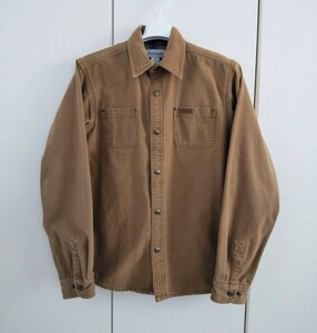 Carhartt ワークシャツ 長袖 Brown XL 小さめ Boys/サイズ ダック地 裏地チェック 革パッチ カーハート 厚手 シャツジャケット ボタン 古着