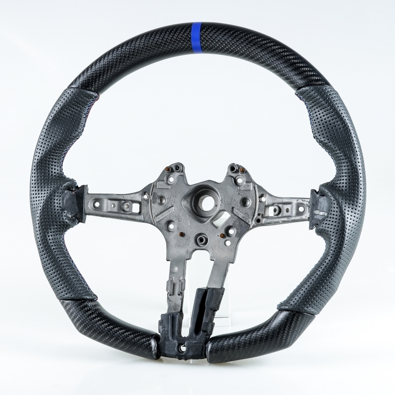 BMW用 F80 M3 F82 M4 F87 M2用 D型 ステアリング ホイール ハンドル マットカーボン×本革パンチングレザー×ブルー輪デザイン