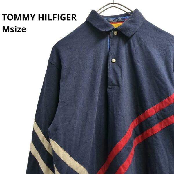 TOMMY HILFIGERポロシャツ長袖ラインデザイン紺色メンズM　a35