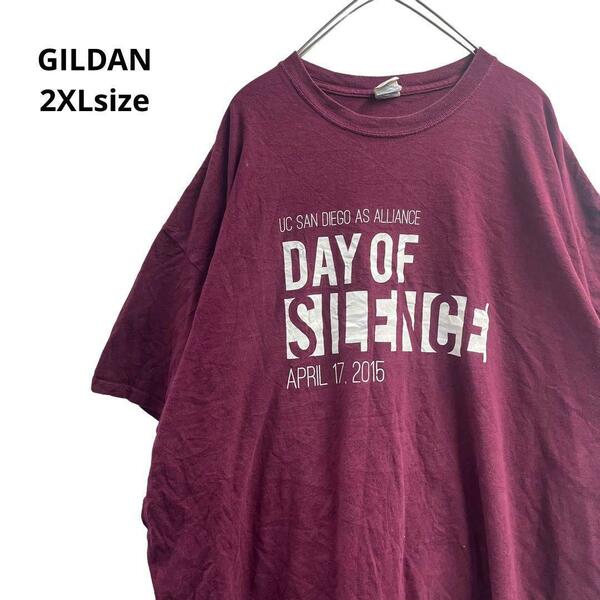 GILDAN半袖Tシャツ 両面プリントロゴ ワインレッド メンズ2XLa24