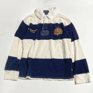 Polo Ralph Lauren ☆ キッズ S 8/10 ラガーシャツ 長袖 ポロシャツ ホワイト ネイビー お出かけ 休日 オシャレ ポロラルフローレン■SAP3