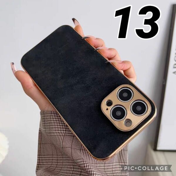 iPhone13ケース 黒 シンプル カバー 韓国 無地 レザー 高級感