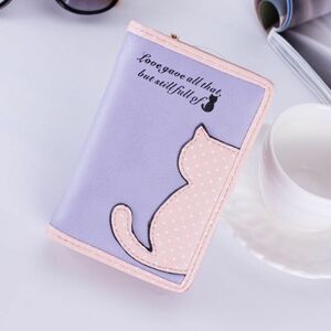 シンプル 二つ折り 猫 ネコ パープル 財布 可愛い カード 小銭入れ 韓国