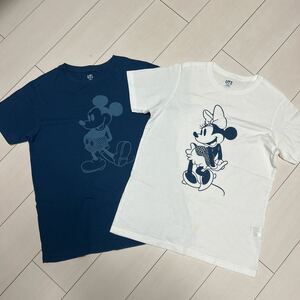 ユニクロ　半袖Tシャツ 160/S 2枚セット　コットン綿　ディズニーDisney ミッキーマウス/ミニーマウス　デニムブルー青ホワイト白　藍色