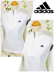 アディダス　adidas 　ゴルフ　ハーフジップアップスタンドカラー　ゴルフウェア　長袖　ホワイト　レディースM　ジュニア　練習用に