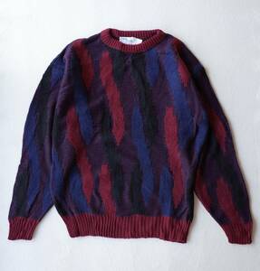 80's ビンテージ USA製　Marks Sweater アクリルニット セーター　M ボルドー系 ストライプ編み　ユニセックス 男女兼用 アンティーク古着