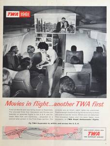 稀少！1961年トランスワールド航空広告/TWA/エアライン/旅行/観光/初めての機内映画/74