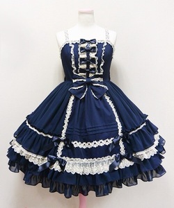  Gothic and Lolita _ Лолита платье короткий рукав бюстье лента украшение синий One-piece .. готический Лолита темно-синий размер выбор возможно 