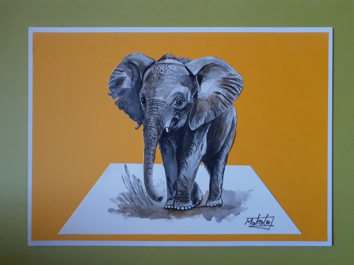 3D水彩画 お散歩ゾウ, 絵画, 水彩, 動物画