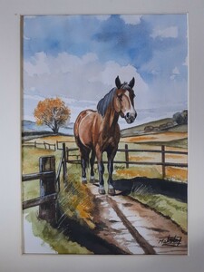 Art hand Auction 水彩画 大草原にたたずむ馬, 絵画, 水彩, 動物画