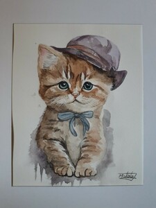 Art hand Auction 水彩画 帽子の似合うオシャレな子猫, 絵画, 水彩, 動物画