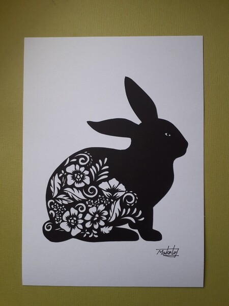切り絵アート 花模様ラビット