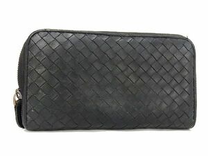 1円 BOTTEGA VENETA ボッテガヴェネタ イントレチャート レザー ラウンドファスナー 長財布 ウォレット 小銭入れ ブラック系 DA5058