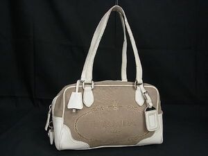 1円 PRADA プラダ ジャガード×レザー トートバッグ ハンドバッグ レディース ベージュ系×アイボリー AR9229