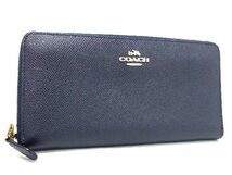 1円 ■美品■ COACH コーチ 58857 レザー ラウンドファスナー 長財布 ウォレット 小銭入れ レディース ネイビー系 BG3725_画像1