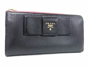 1円 PRADA プラダ サフィアーノレザー L字ファスナー 長財布 ウォレット 小銭入れ 札入れ レディース ブラック系 BG3755