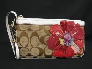 ■美品■ COACH コーチ シグネチャー フラワー キャンバス ポーチ マルチケース 小物入れ レディース ベージュ系 DD4220