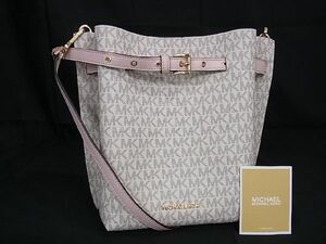 1円 ■新品同様■ MICHAEL KORS マイケルコース MK柄 PVC×レザー クロスボディ ハンドバッグ ショルダー アイボリー系×ピンク系 AQ8821